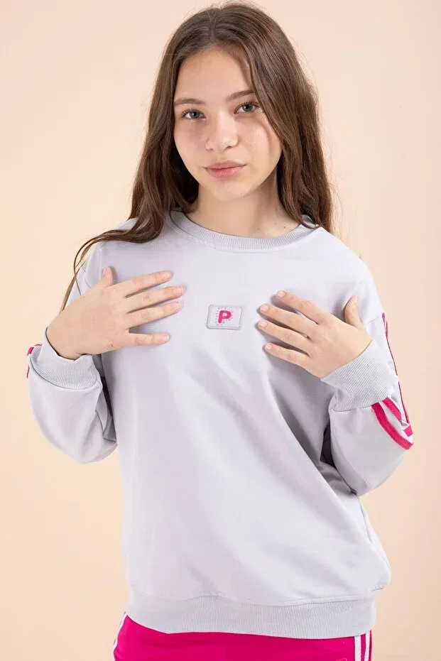 Детский спортивный комплект для девочек с принтом Fuchsia Striped Detail Wide Leg Embroidered Girls Oversized Tracksuit Set Cansın Mini, Fuchsia — фото 2