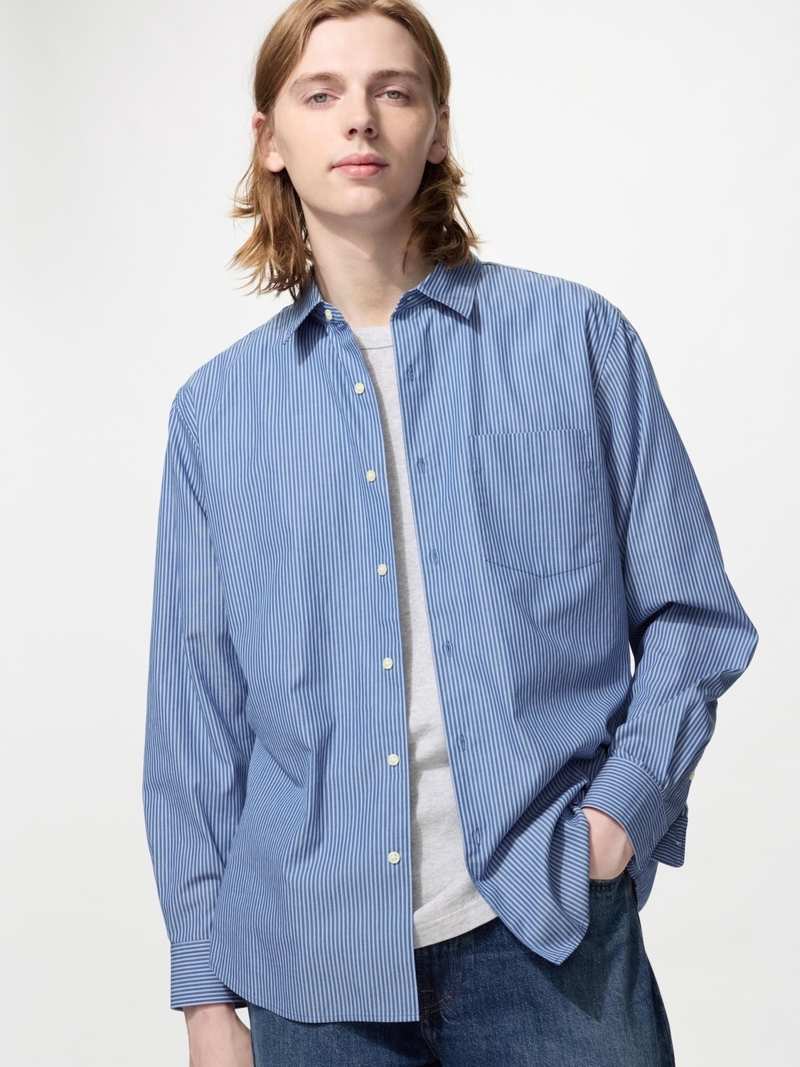 Рубашка Uniqlo Broadcloth Striped Regular Collar Unisex, 66 светло-синий — фото 2