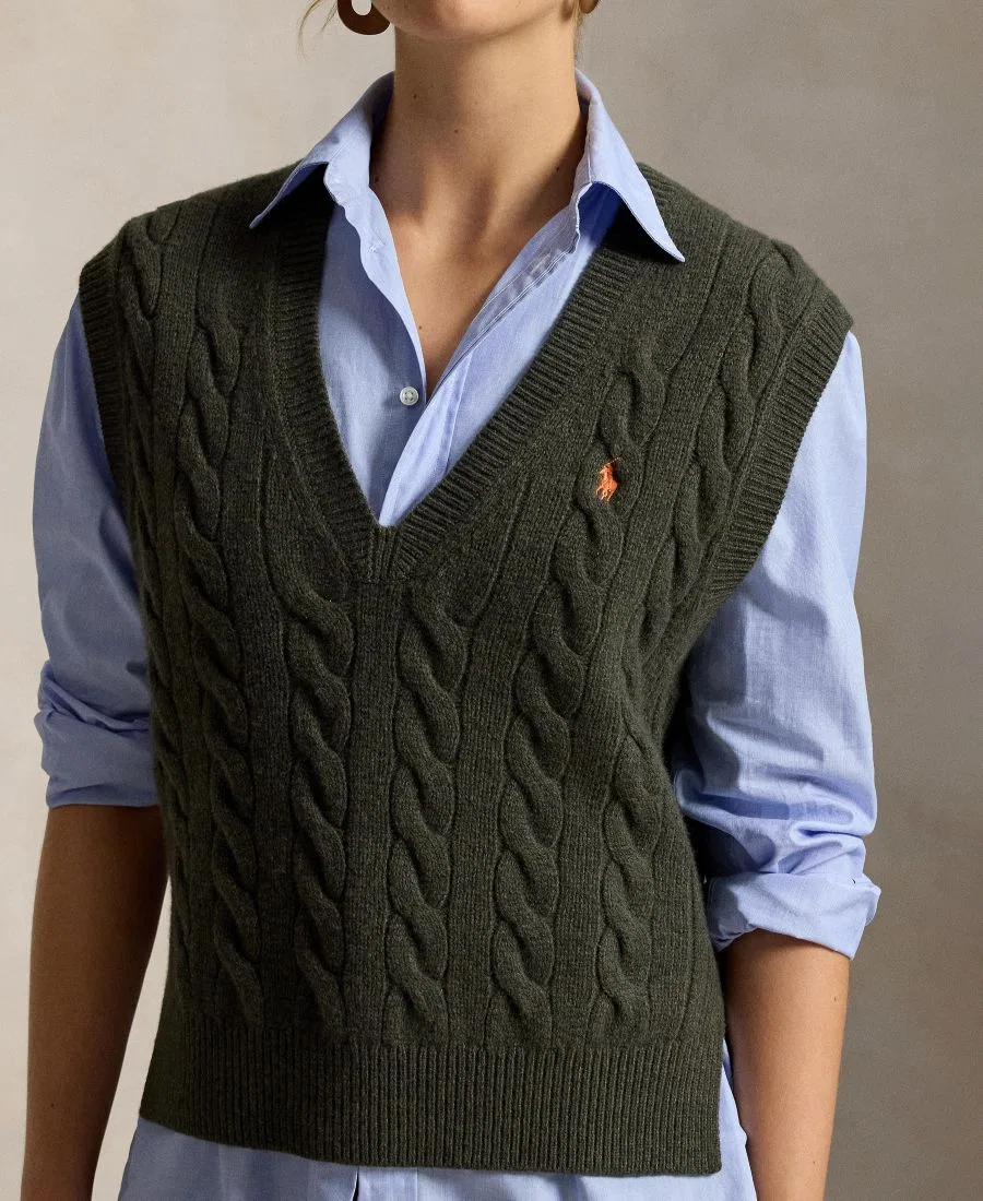 Женский безрукавный свитер-жилет с V-образным вырезом Polo Ralph Lauren, Olive Umber Heather — фото 3