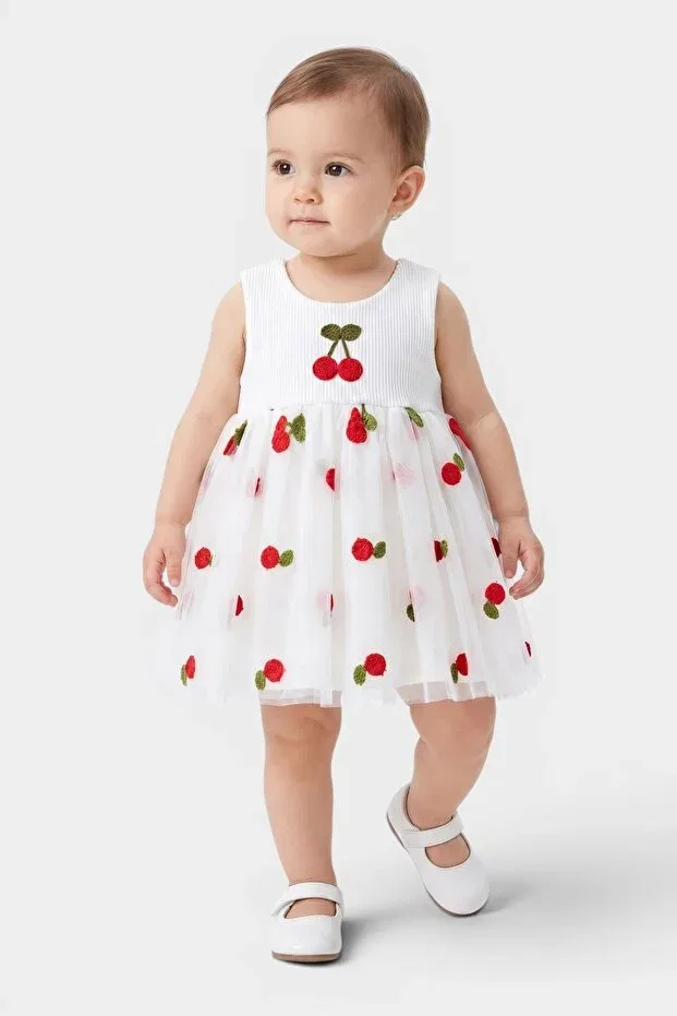 Детское платье для девочек хлопковое Cherry Detailed Tulle Snap-On Dress Muhino, White