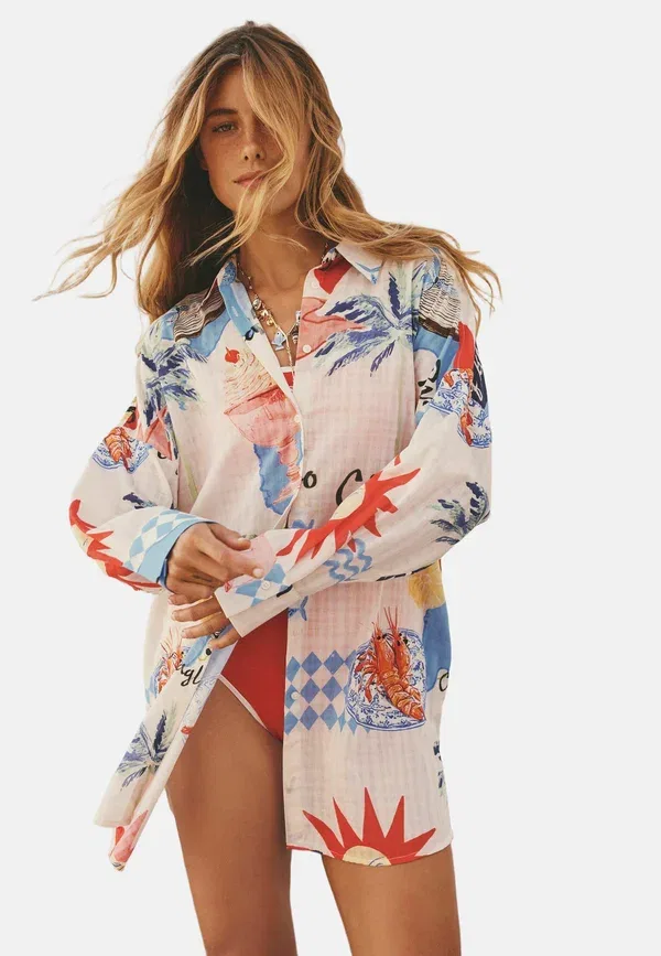 Пляжная рубашка-накидка из хлопка и полиэстера Beach shirt cover-up Next, Cream Red Map Print, красный