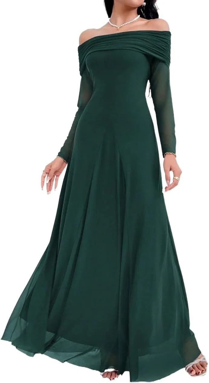 Женское A-силуэта макси-платье офф-шолдер с длинным рукавом, Dark Green