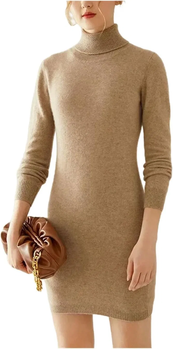 Женское платье миди с круглым вырезом Wool Dress, Elegant Camel