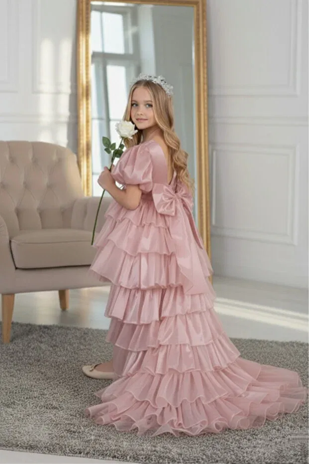 Детское платье для девочек с коротким рукавом Dream model crowned tailed powder children's evening dress kids aby230 Abiyekids, Powder — фото 3