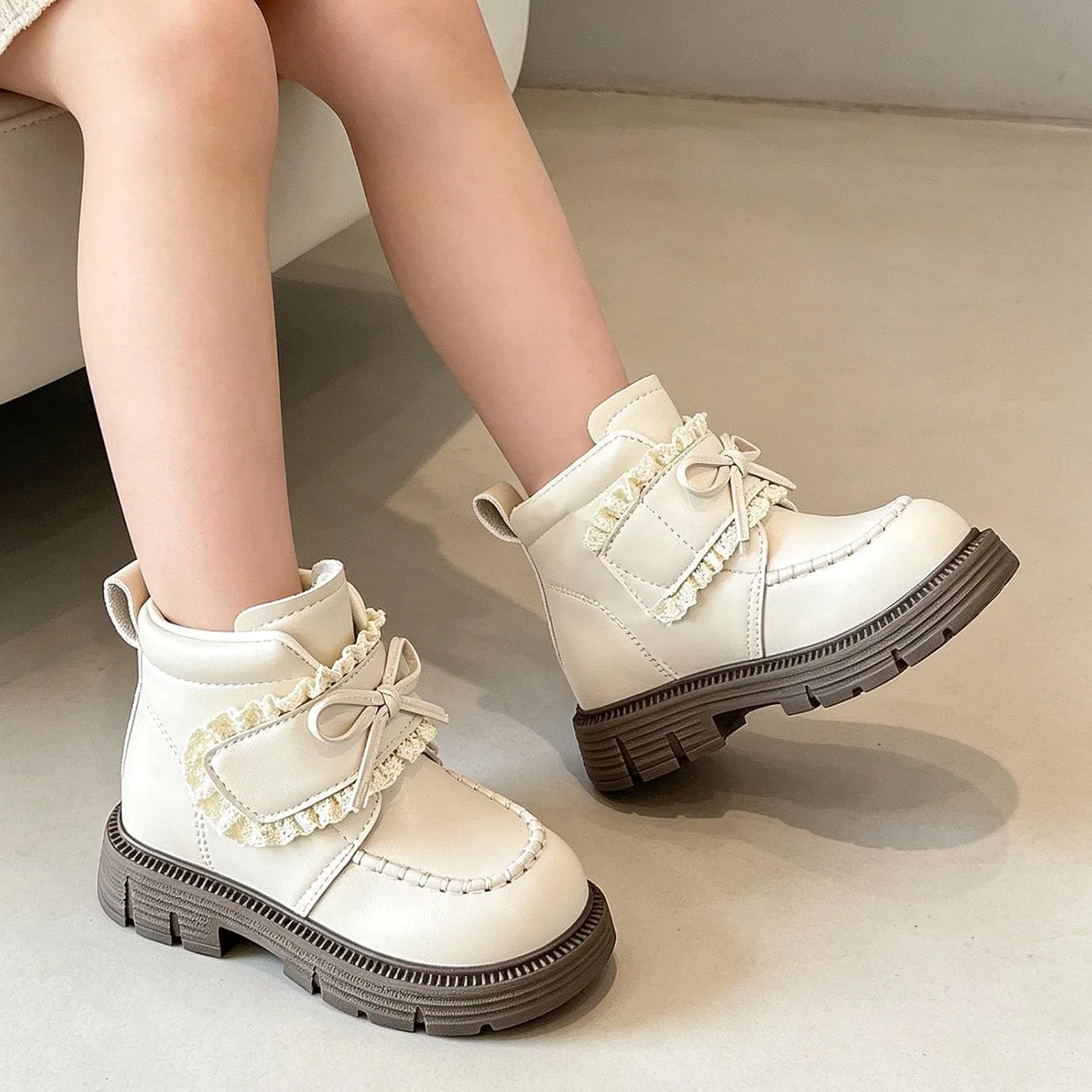 Детские ботинки для девочек с кружевным бантом Zzalalana, Beige — фото 2