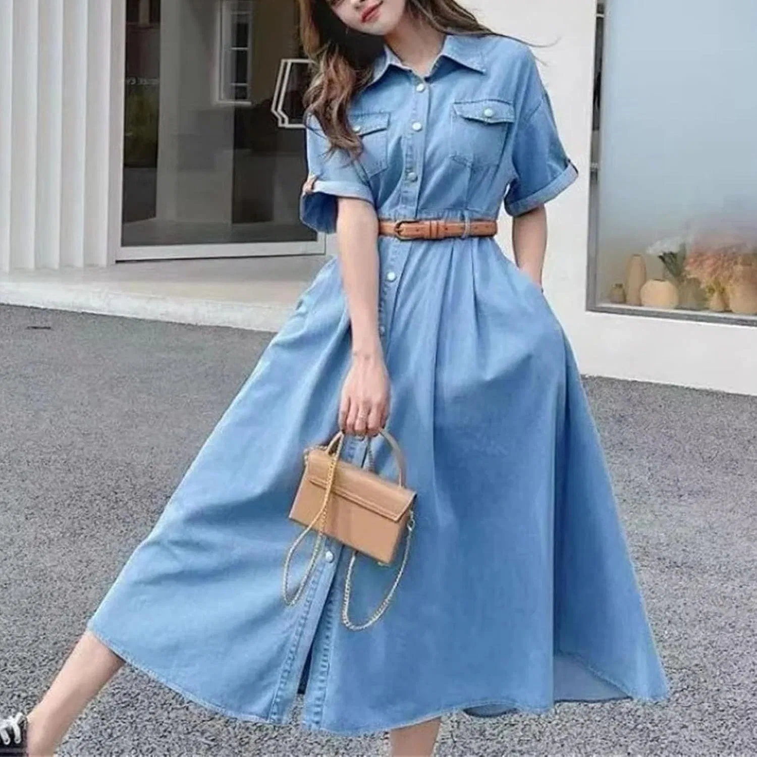 Женское платье имитация денима A-силуэта с поясом, Blue — фото 3