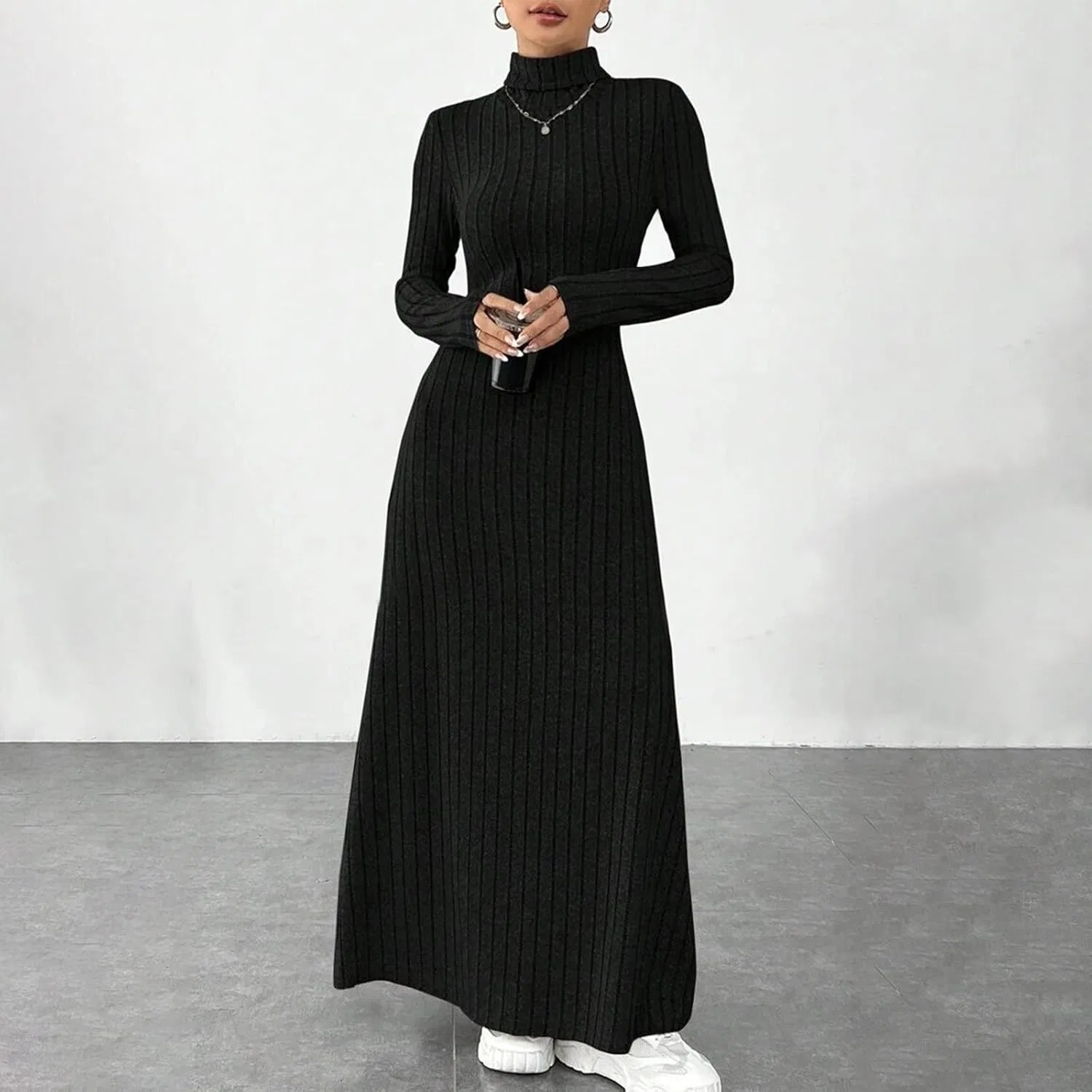 Женское длинное вязаное платье с высоким воротником, Black — фото 4