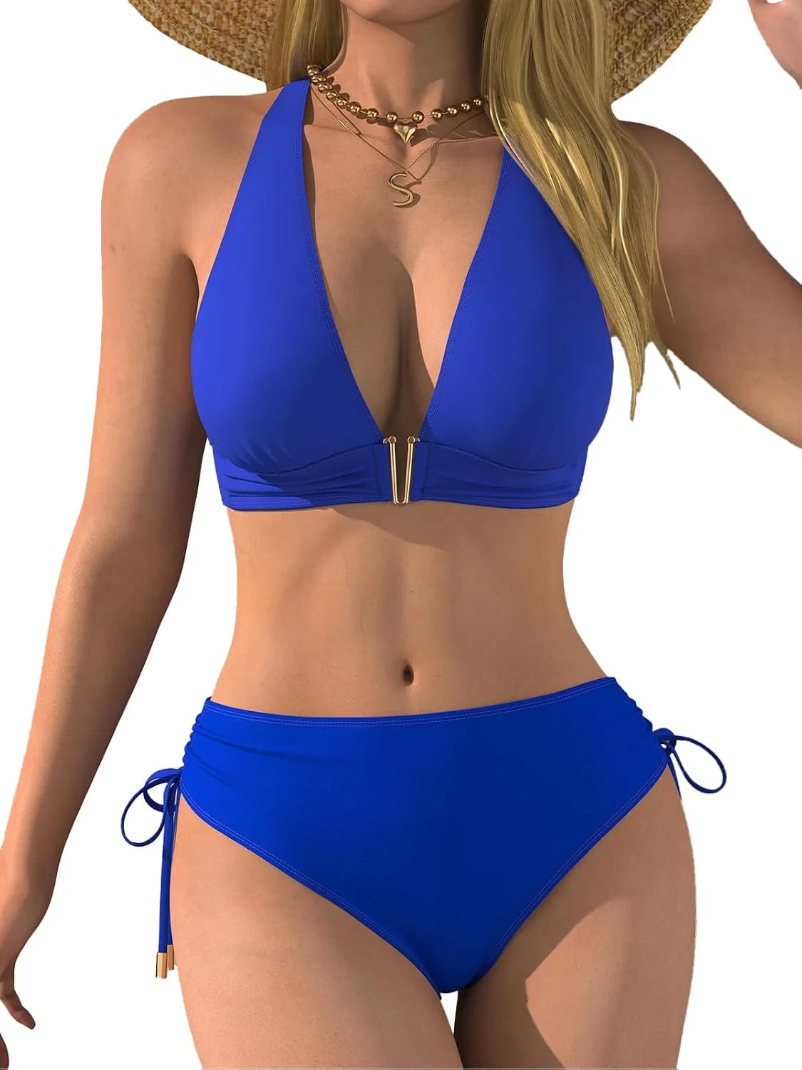 Женский бикини-сет с V-образной проволокой, High Waisted, Tie Side, Blue