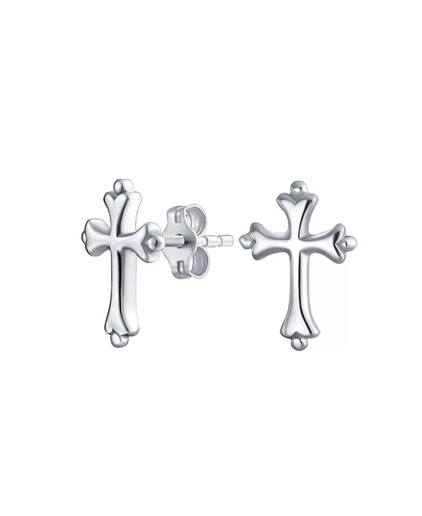 

Изящные простые серьги-гвоздики с крестом в форме геральдической лилии: минималистичные религиозные украшения, подарок на причастие, стерлинговое серебро Bling Jewelry, grey