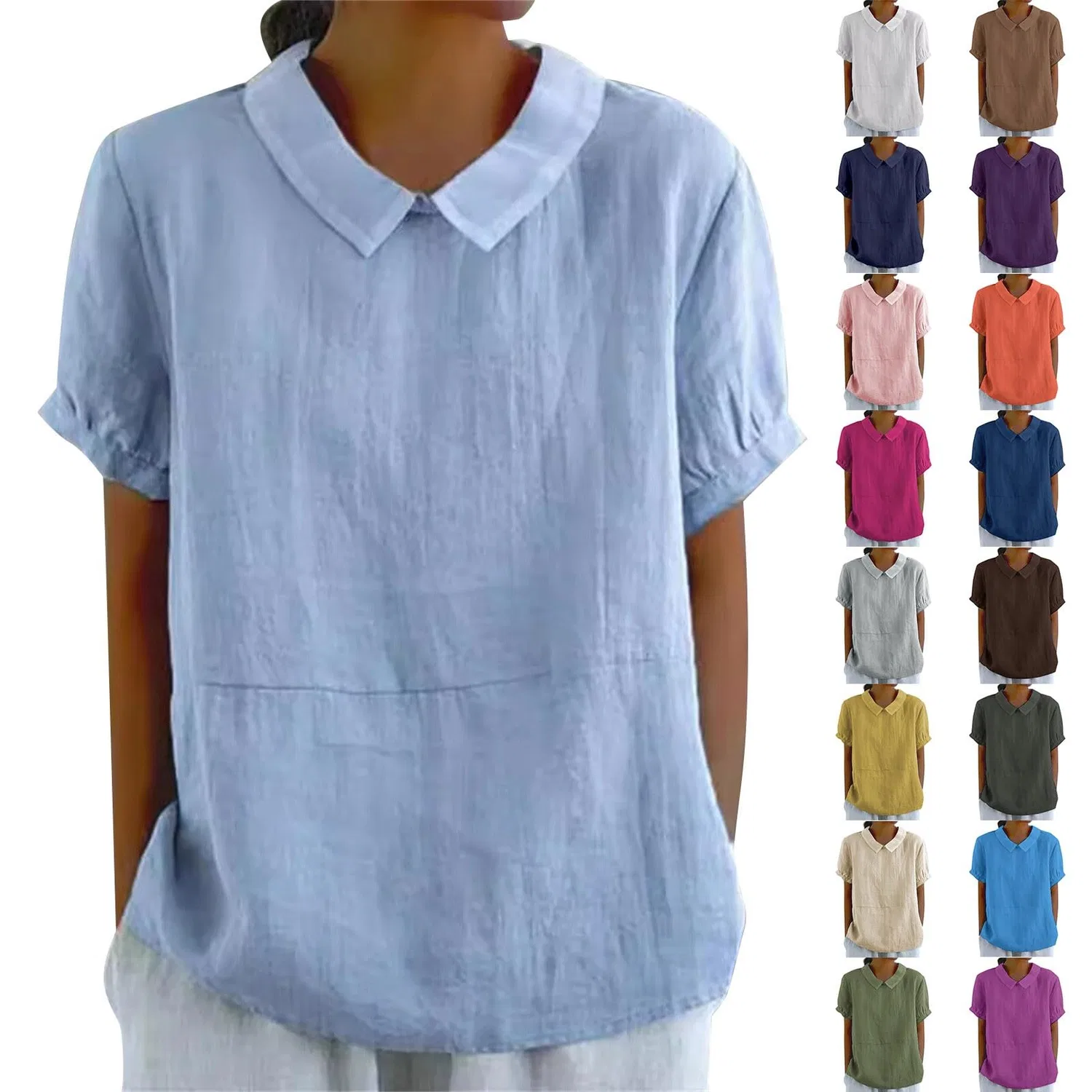 Женская льняная блузка с коротким рукавом V-образным вырезом, 01 Light Blue