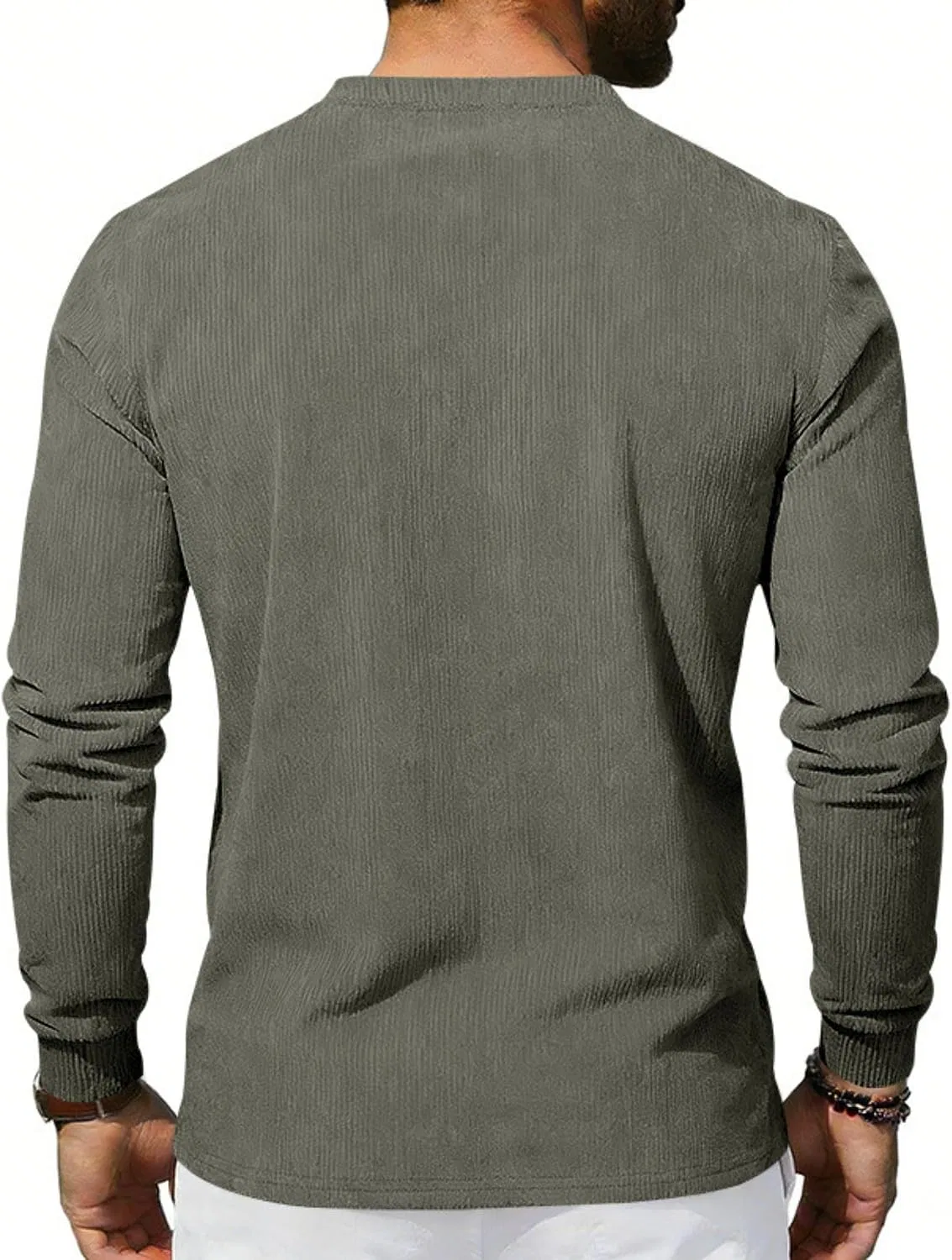 Мужская спортивная футболка с длинным рукавом вельветовая Henley, Army Green — фото 3
