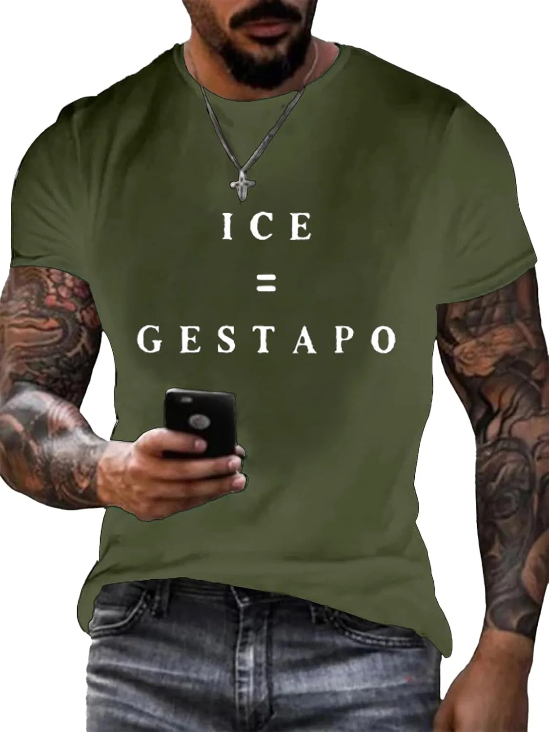 Мужская футболка с принтом Retro ICE Protest, армейский зелёный