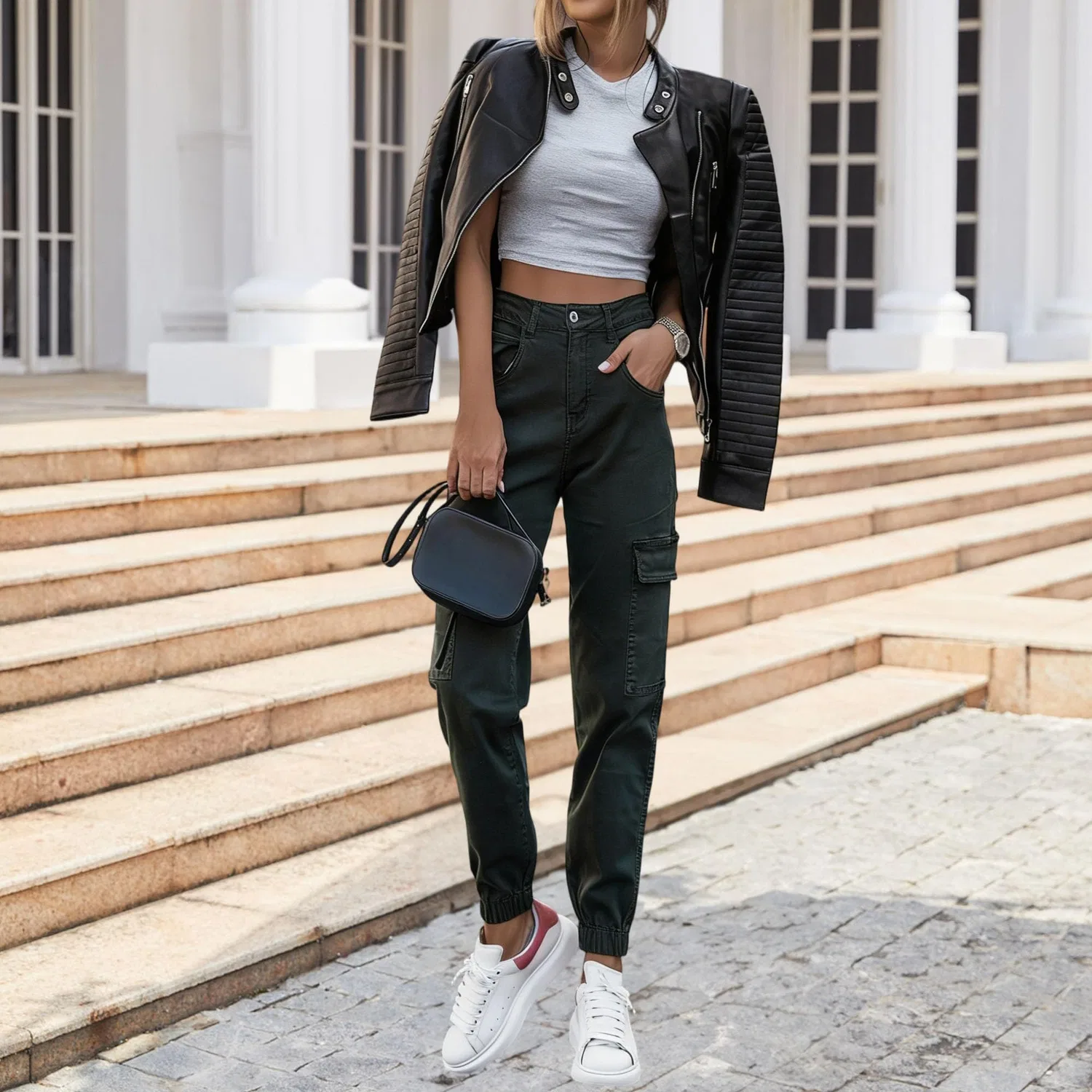 Женское пальто из экокожи с принтом patchwork punk, Nero — фото 3