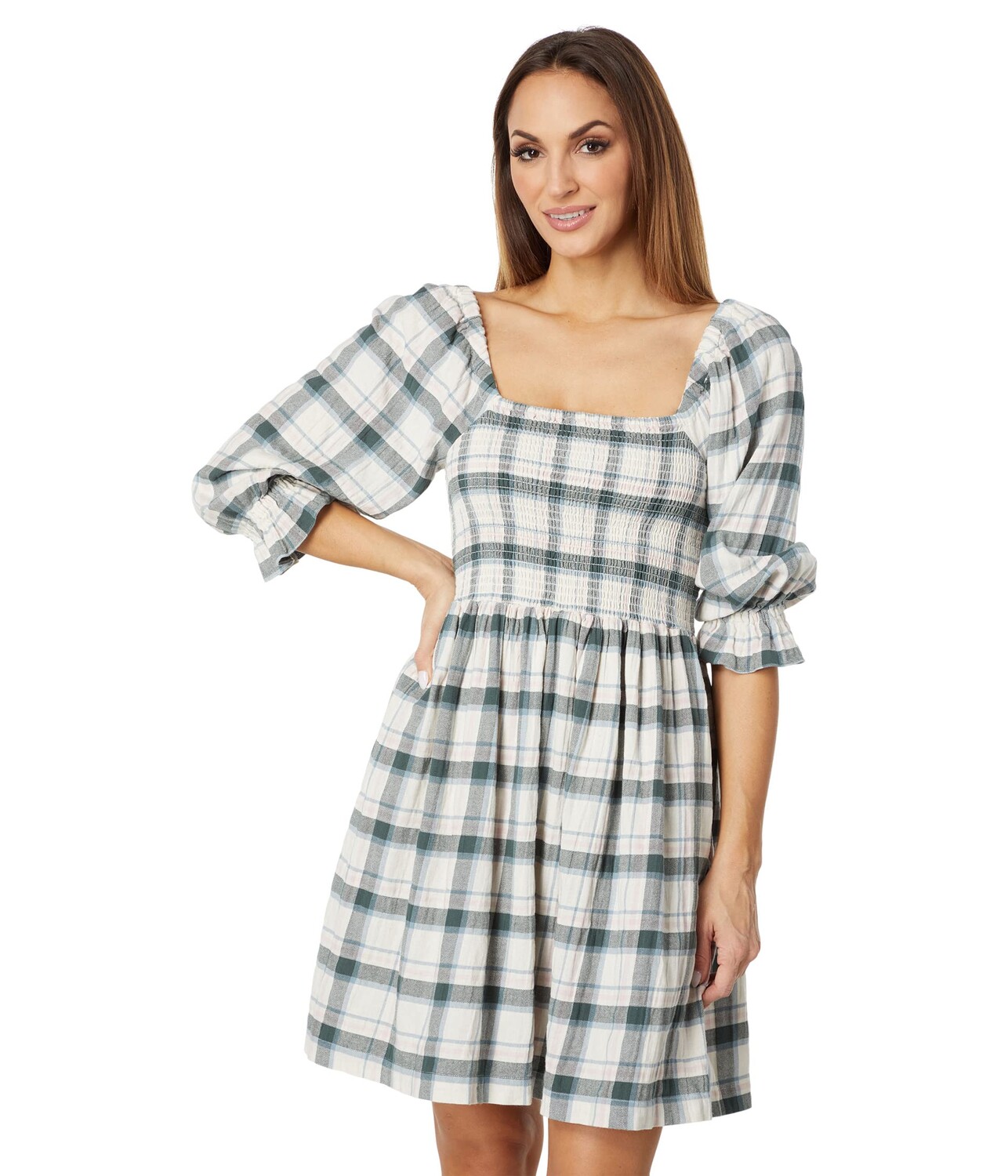 

Платье Madewell, Lucie Elbow-Sleeve Smocked Mini Dress in Lebaum Plaid