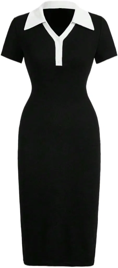 Женское цветовое блокированное миди-платье Bodycon Cocktail Dress, Black/White