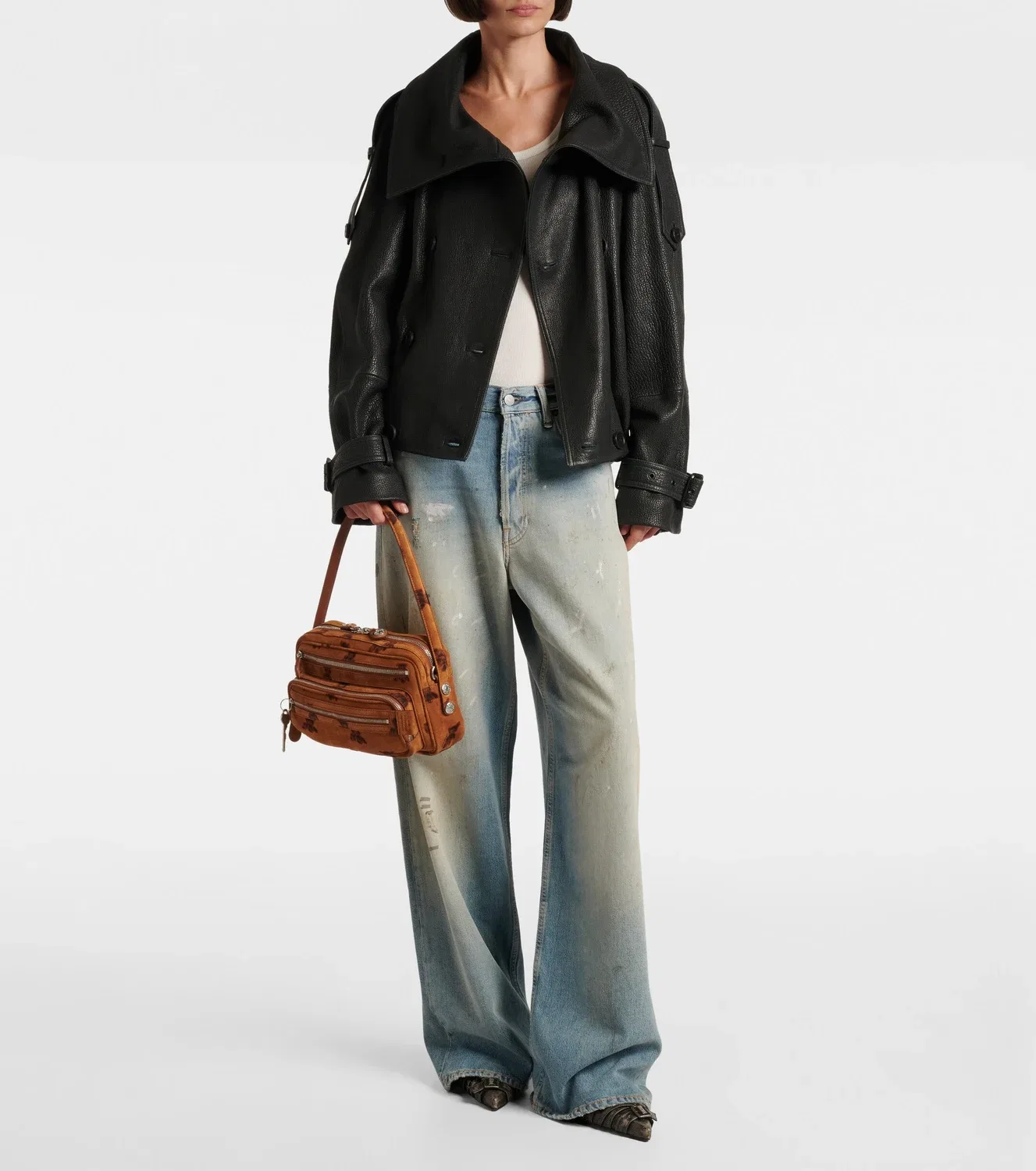 Кожаная куртка двубортная Acne Studios, черный — фото 2