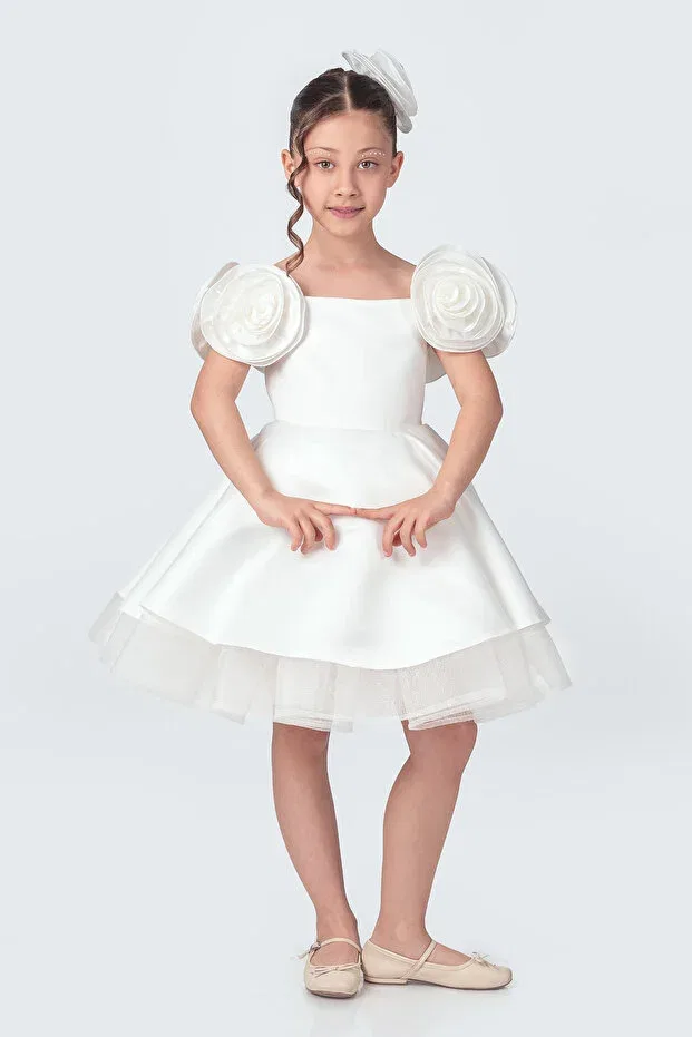 Детское вечернее платье с принтом Rose Detail Abiyekids, White