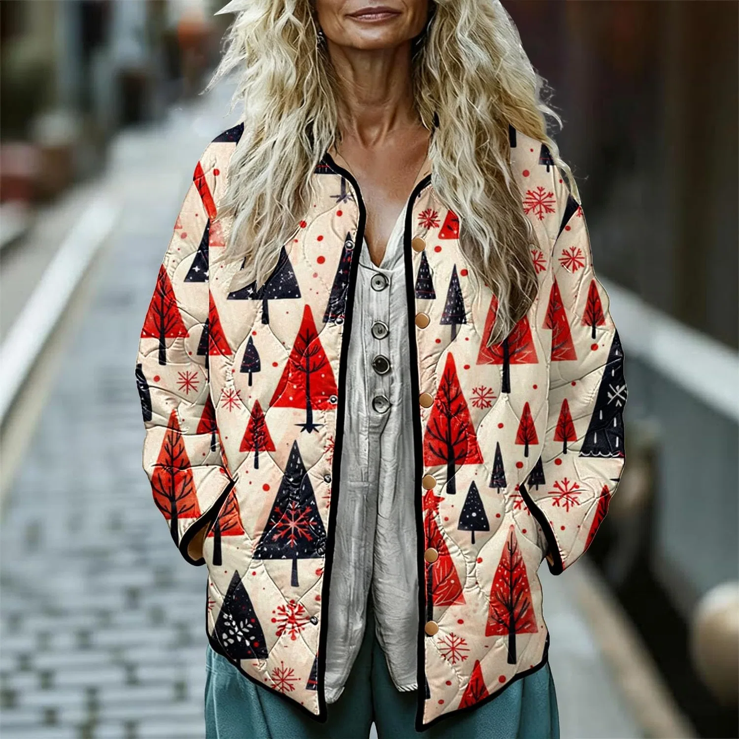 Женское утепленное пальто с рождественским принтом Christmas Printed Quilted Jacket, 2-rosso — фото 3