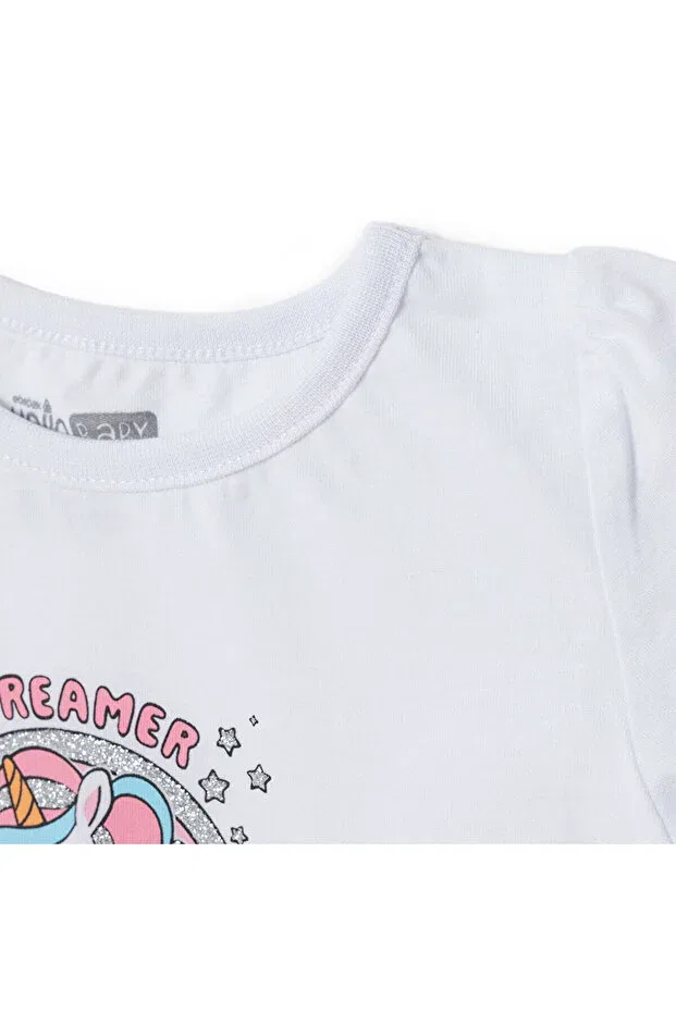 Детское для девочек хлопковое платье-футболка с принтом Unicorn Printed Ebebek Hello Baby, Ecru — фото 3