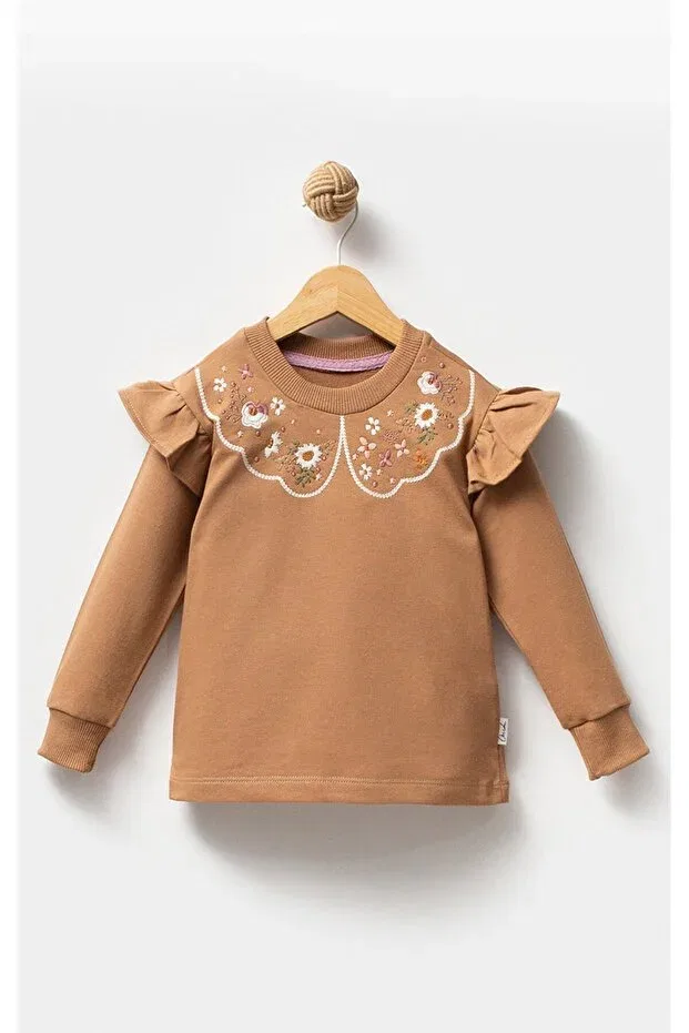 Детское платье-свитшот для девочек хлопковое Ruffled Collar Floral Embroidered 2 Thread Long Sleeve Overdo, Brown — фото 2