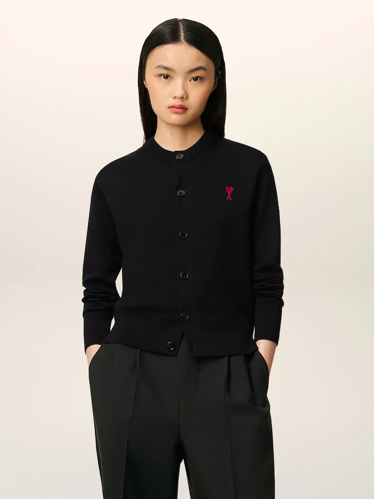 Кардиган с круглым вырезом, Red Heart Logo AMI PARIS, Black