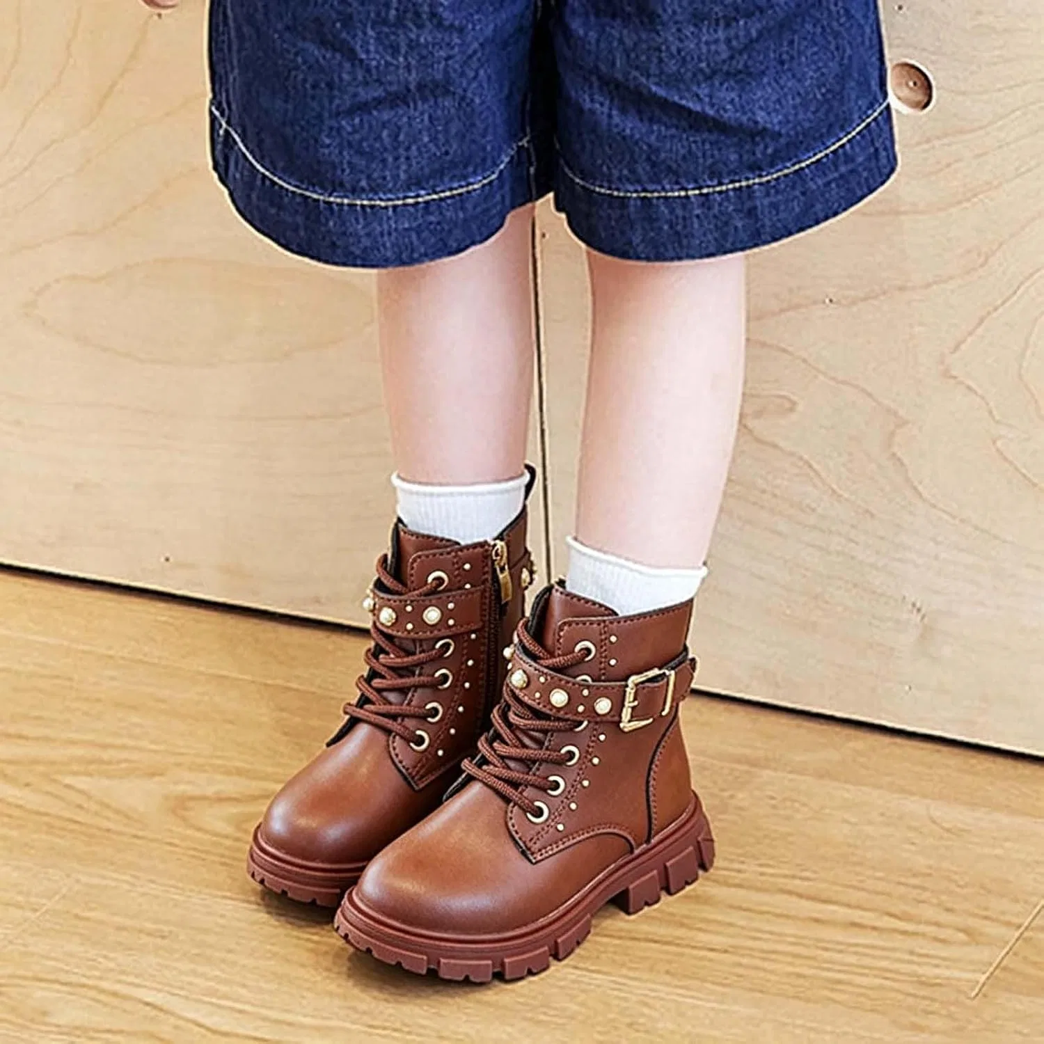 Детские ботинки для девочек на шнуровке с молнией SHOPESSA, Brown — фото 2