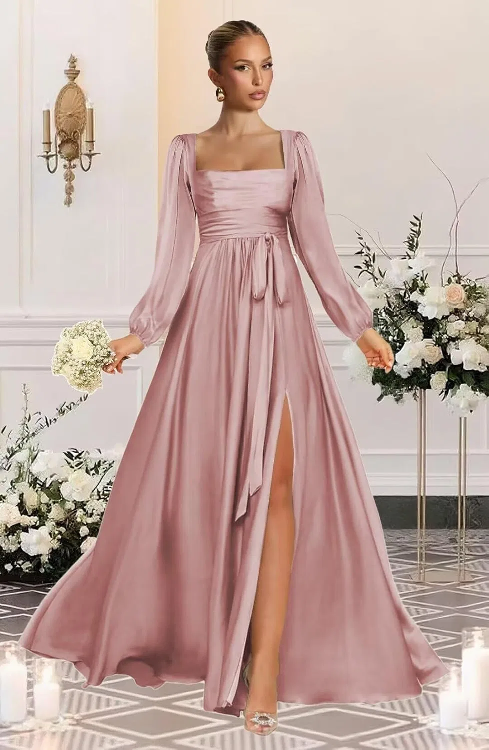 Женское A-силуэта платье для подружки невесты с боковым разрезом Satin, Wisteria — фото 4