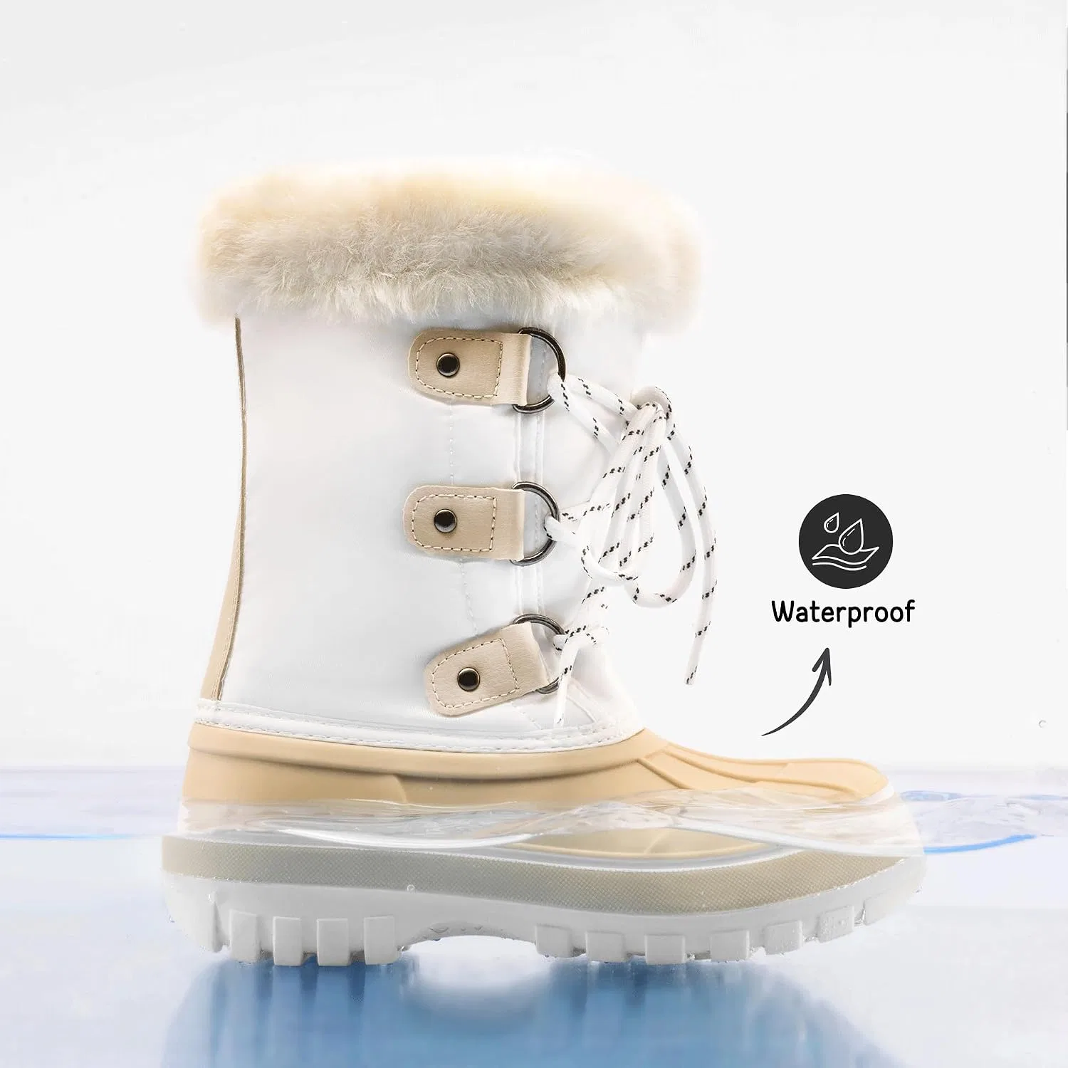 Детские зимние водонепроницаемые снежные ботинки DREAM PAIRS, Beige/White — фото 2