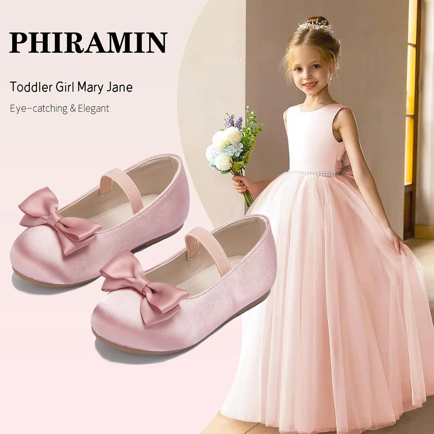 Детские туфли-балетки для девочек с бантом PHIRAMIN, Satin Pink — фото 4