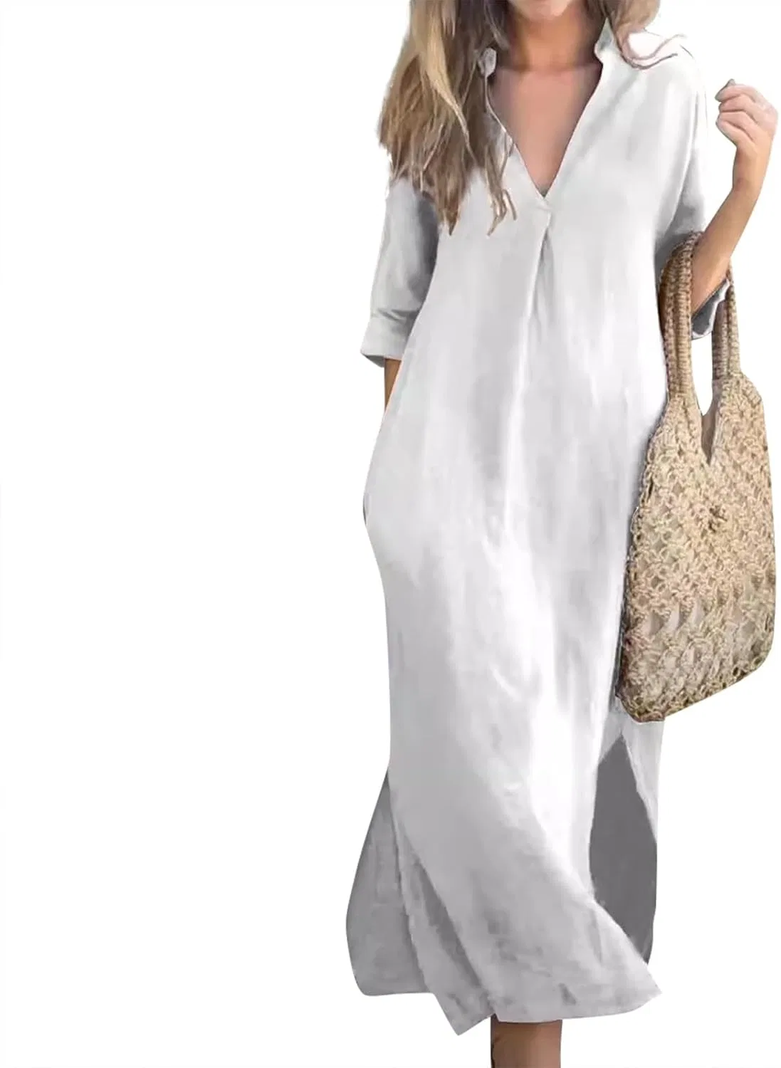 Летнее платье макси с V-образным вырезом, Cotton Linen, White