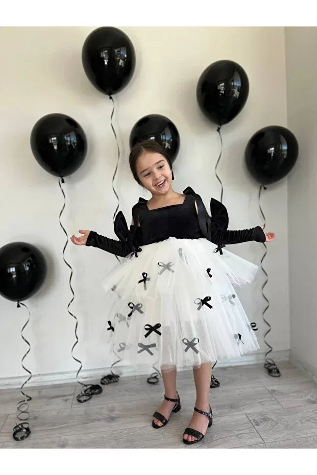 Детское платье для девочек с принтом Black bow detail princess girl's party dress + buckle + oversleeve Sarena, Black