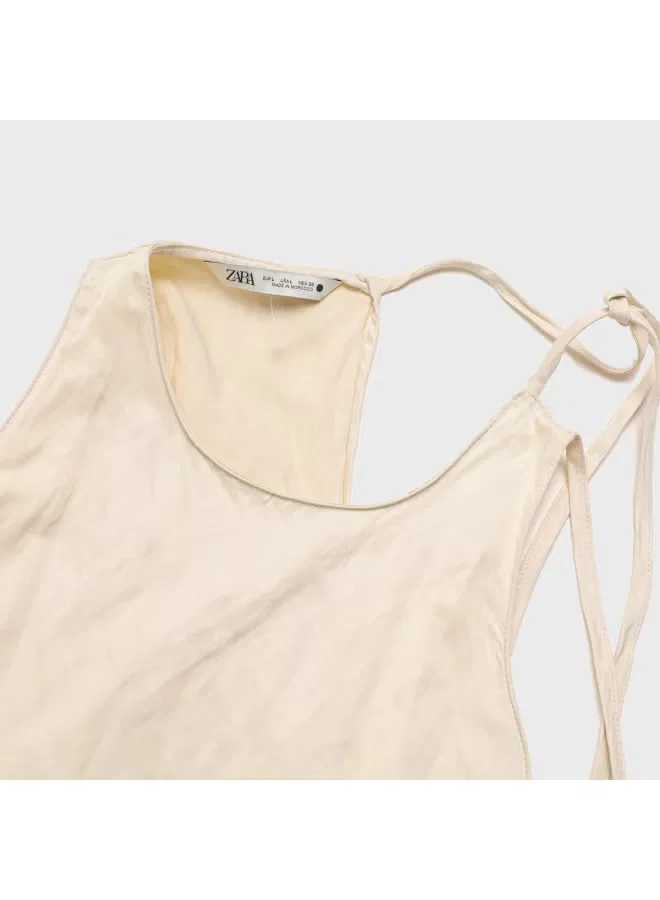 Блузка без рукавов с асимметричным низом и завязками Zara, светло-абрикосовый — фото 4