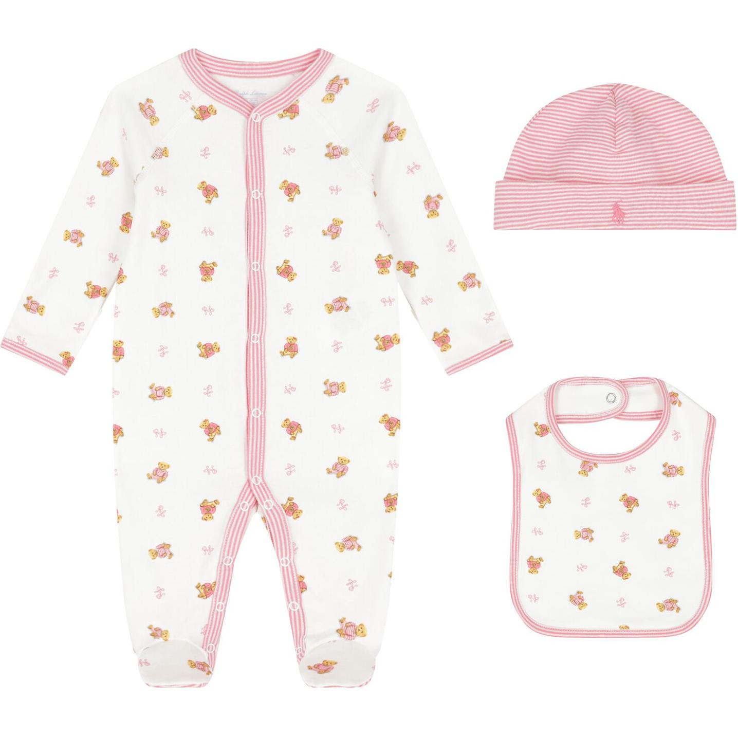 Комбинезон для младенцев и малышей Infant And Toddler Polo Ralph Lauren, set (белый jumpsuit+белый bib+розовый hat) — фото 2