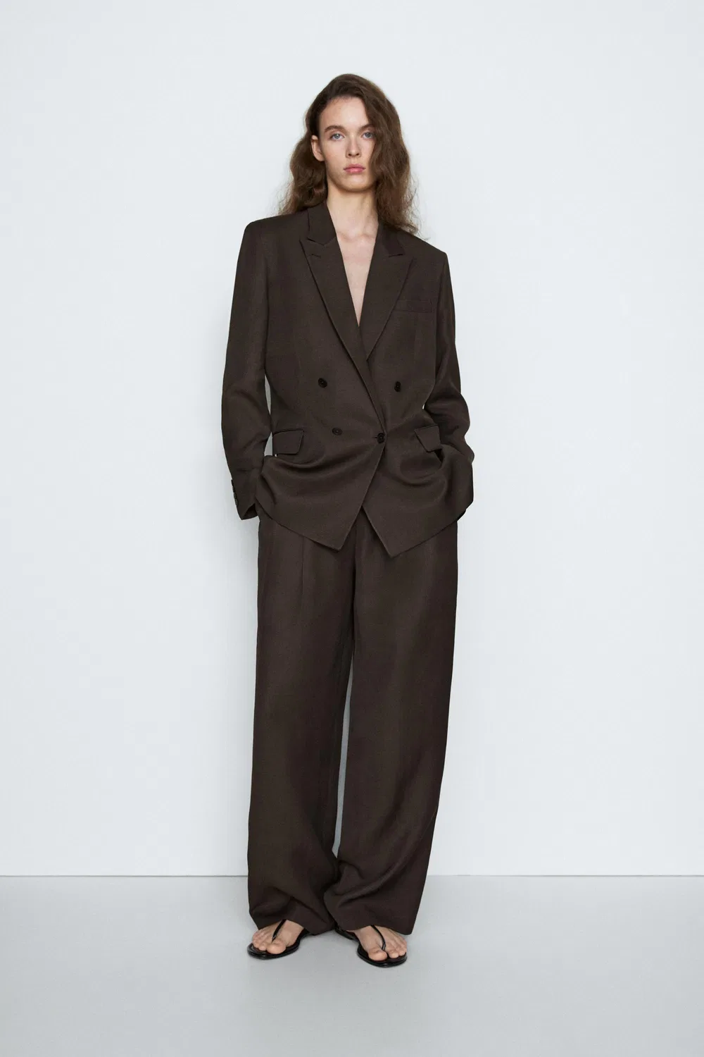 Двубортный блейзер из смесовой льняной ткани - studio Massimo Dutti, коричневый