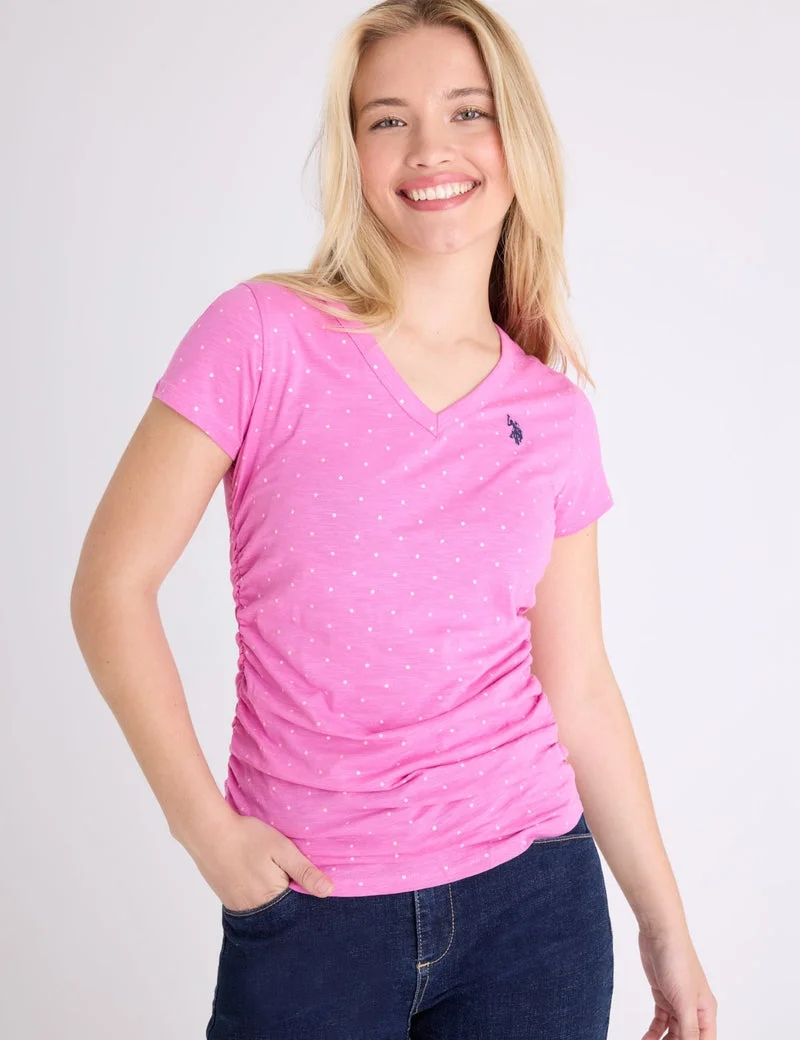 Женская футболка U.S. Polo Assn. Dot Print Ruched Side V-Neck, розовый — фото 3