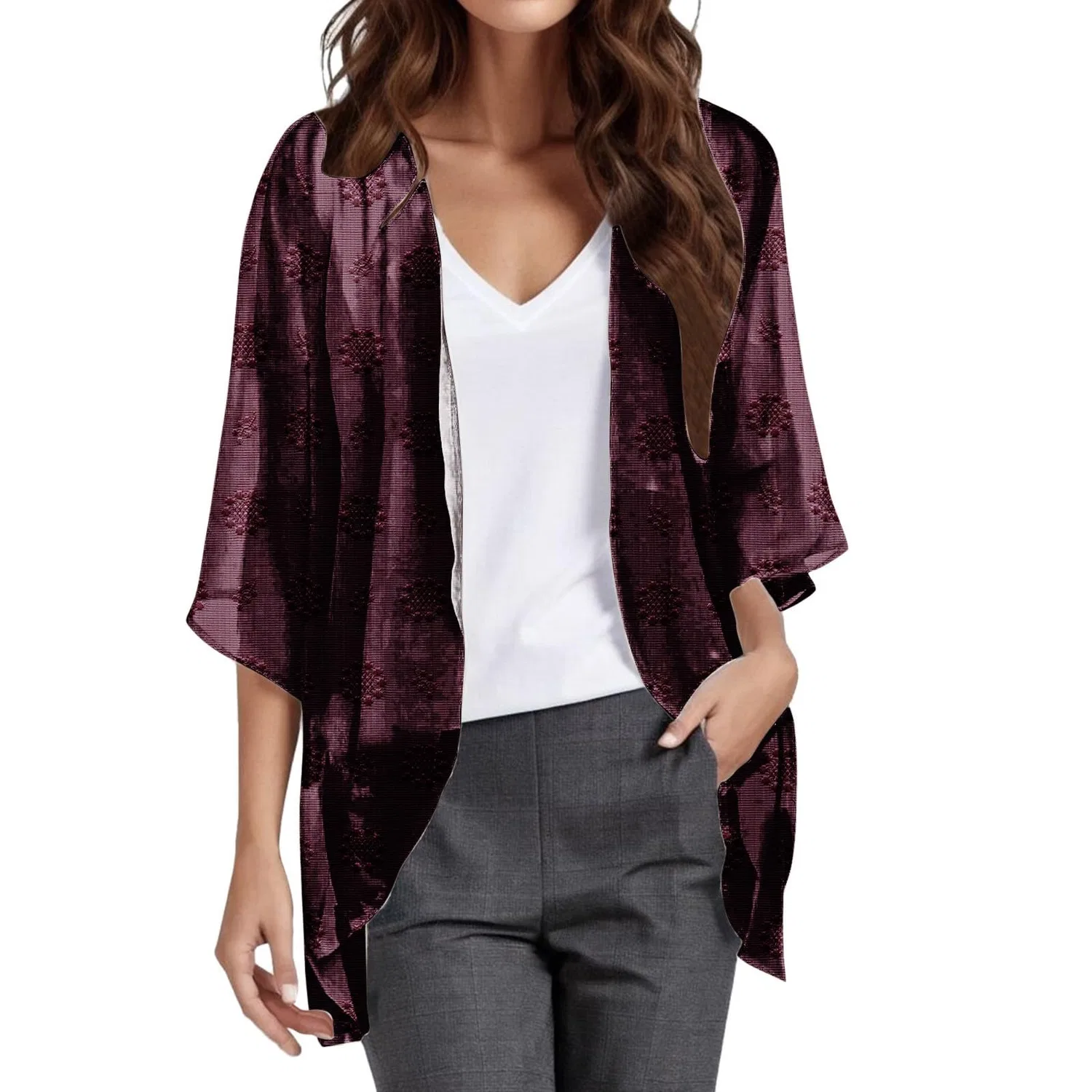 Женский легкий кардиган с рукавом 3/4 Elegant Button Down, Wine 2