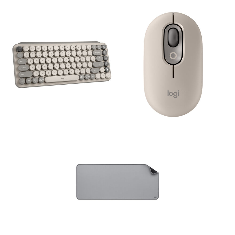 

Комплект из беспроводных клавиш Logitech POP Keys, бесшумной мыши и коврика для стола Studio Desk (туман)