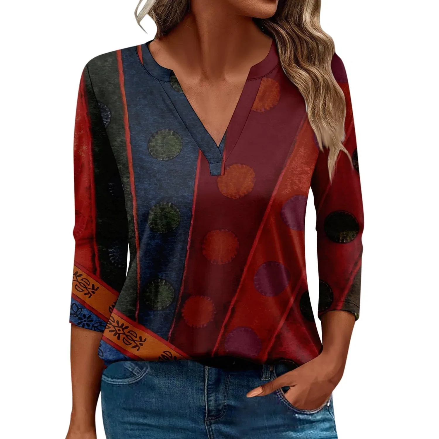 Женская блуза с принтом Women Blouses 3/4 Sleeve V Neck Casual Elegant Summer Boho Floral Print Blouses, 19#vino