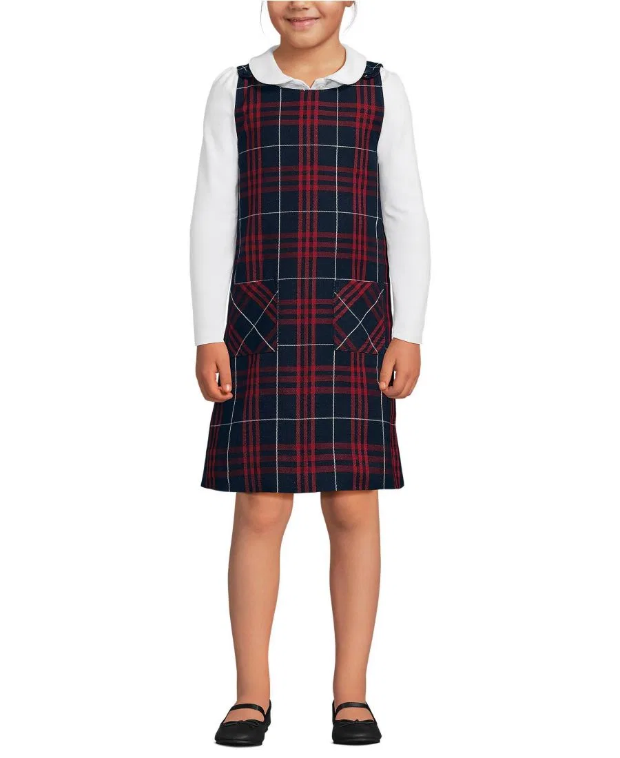 Платье-джемпер без рукавов, с пуговицами на плечах Lands' End, Classic Navy Large Plaid