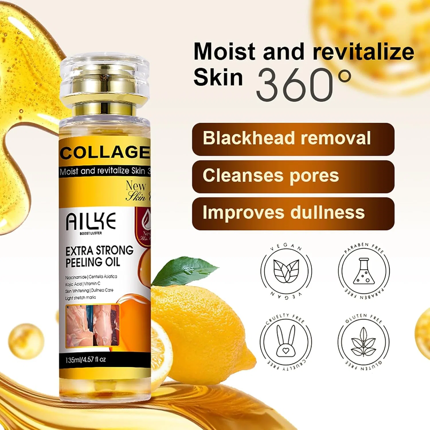 Эксфолиирующее масло AILKE Collagen Yellow Strong Peeling Oil, 5 шт по 135 мл, Желтый Ailke Boost Luster — фото 2