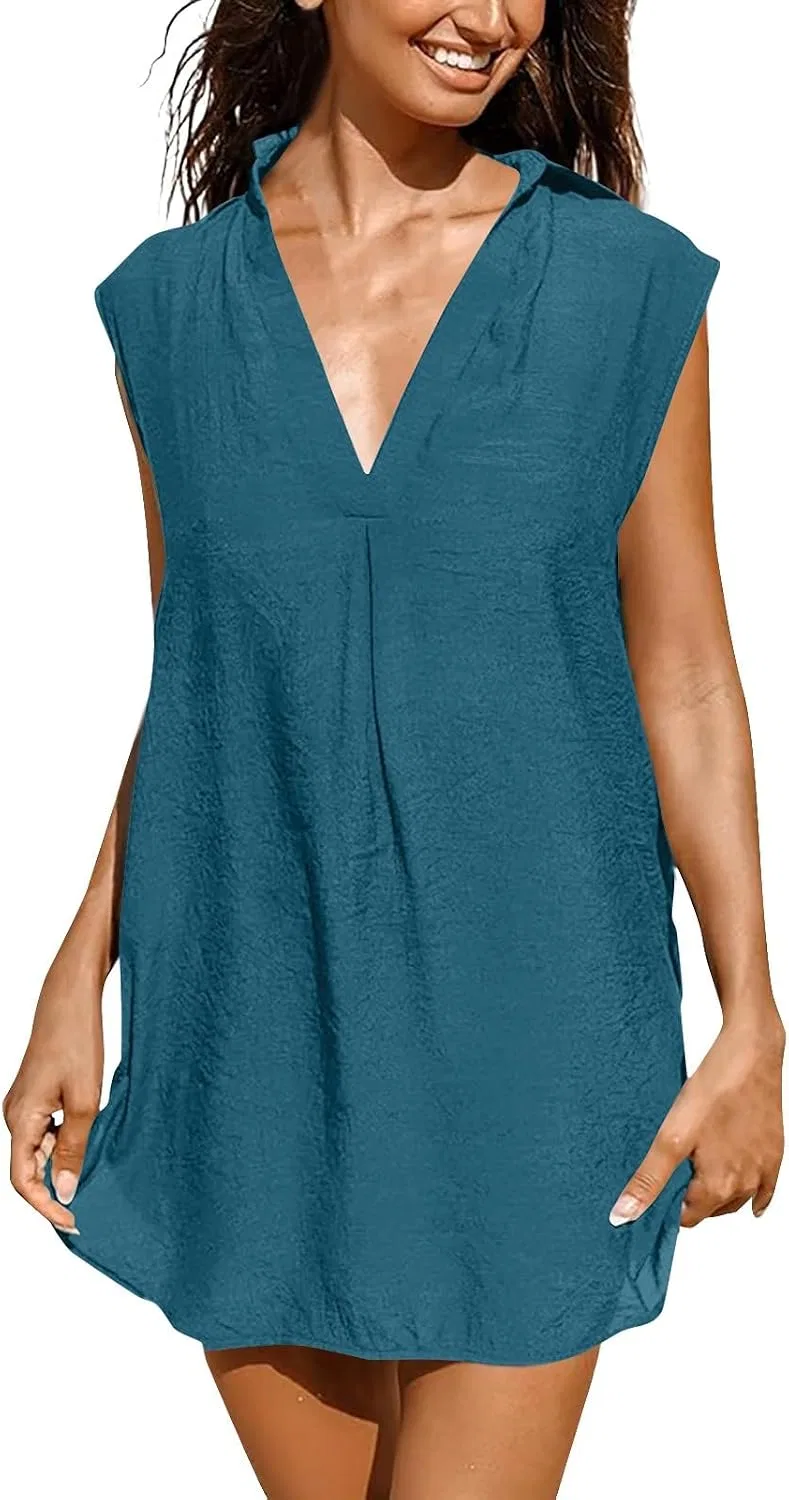 Женское платье мини V-образным вырезом без рукавов Cotton Linen, Royal Blue