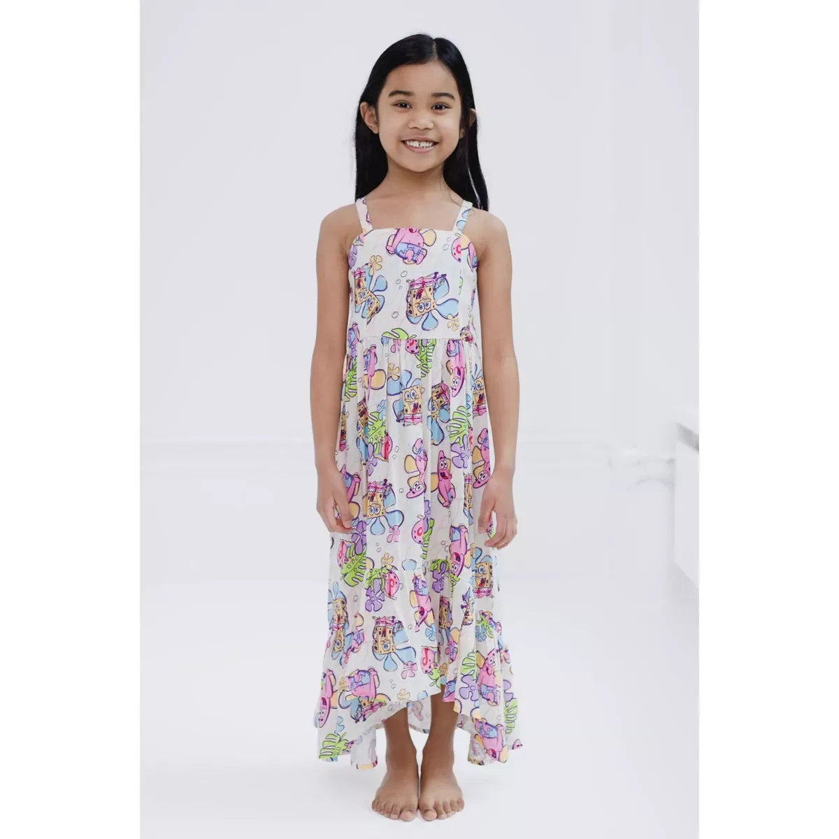 Детское платье для девочек с принтом SpongeBob SquarePants Square Neck Smocked Cami Maxi Dress, Off White — фото 2
