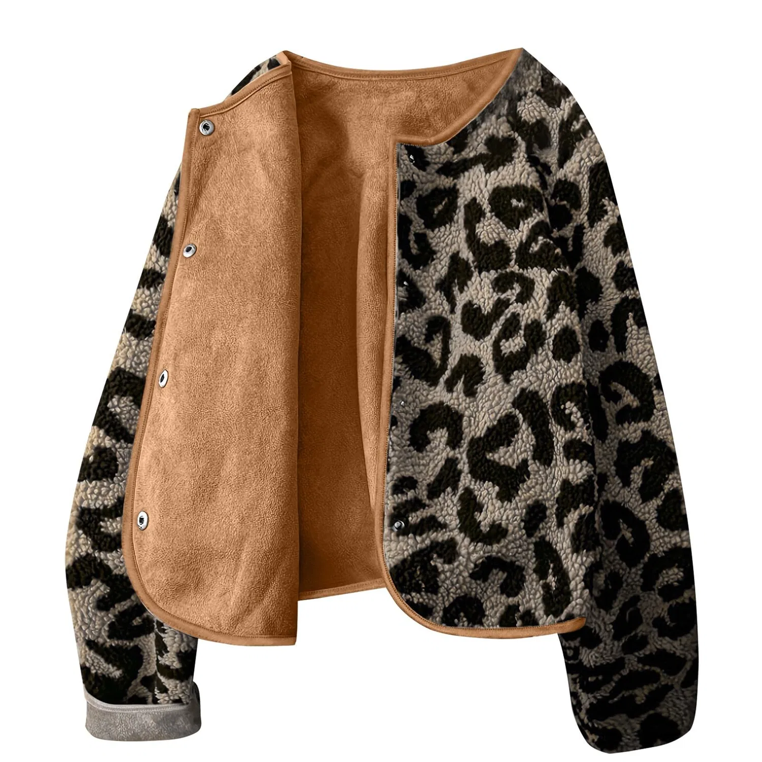 Женское пальто с принтом леопарда Womens Sherpa Fleece Lined Button Down Leopard Print Coat Warm Fluffy Winter Coat, Beige — фото 3