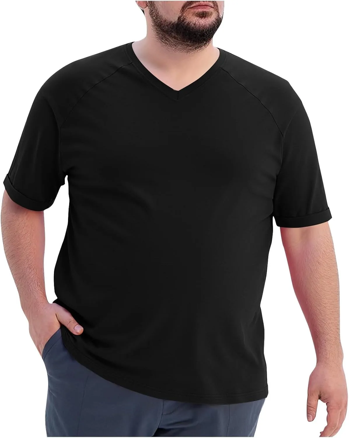 Мужская футболка Plus Size с V-образным вырезом и коротким рукавом, летний базовый топ, однотонная спортивная футболка Generic, черный — фото 3