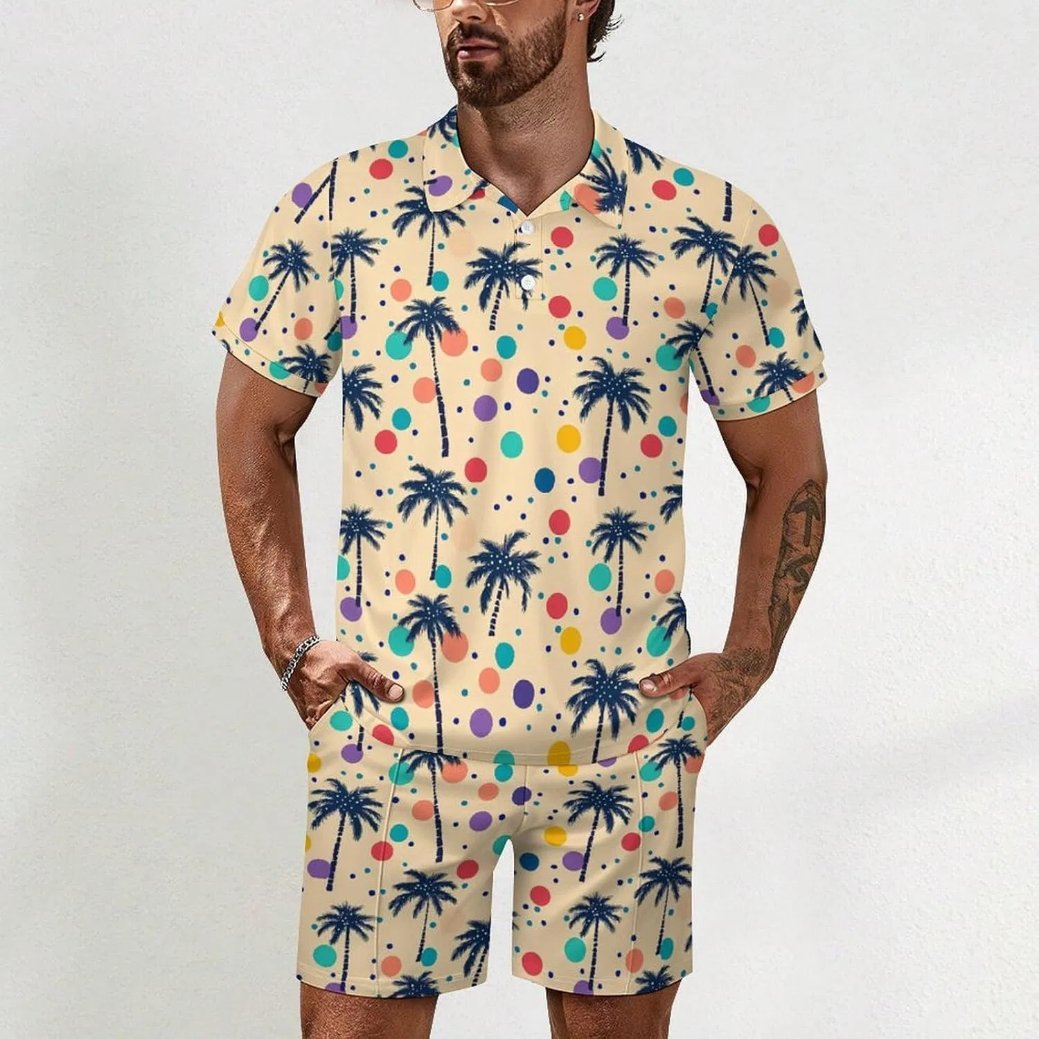 Мужской спортивный костюм с принтом Coconut Trees, футболка поло и шорты, Style — фото 2