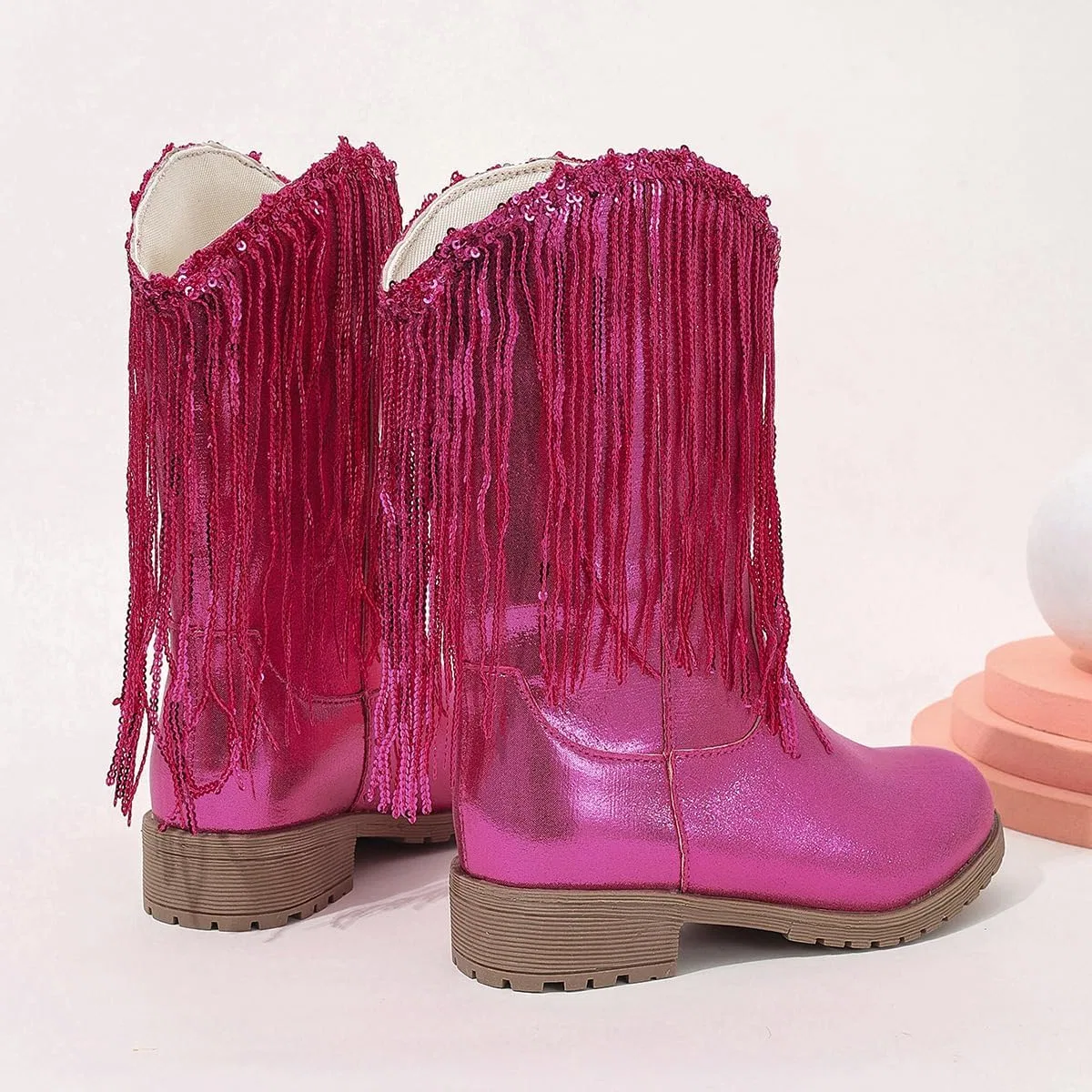 Детские зимние сапоги для девочек с кисточками и пайетками Princess Boots Auhoho, Rose — фото 2