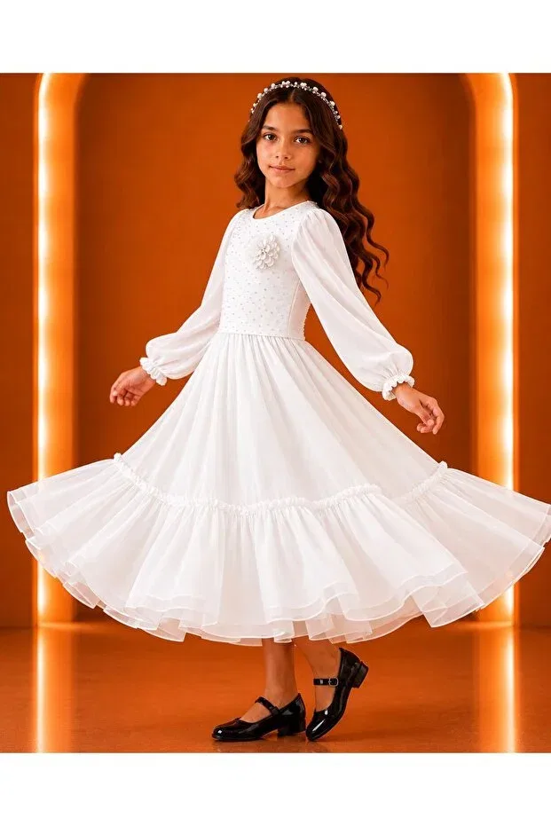 Детское платье для девочек с длинным рукавом Esmagül Kids, White — фото 4