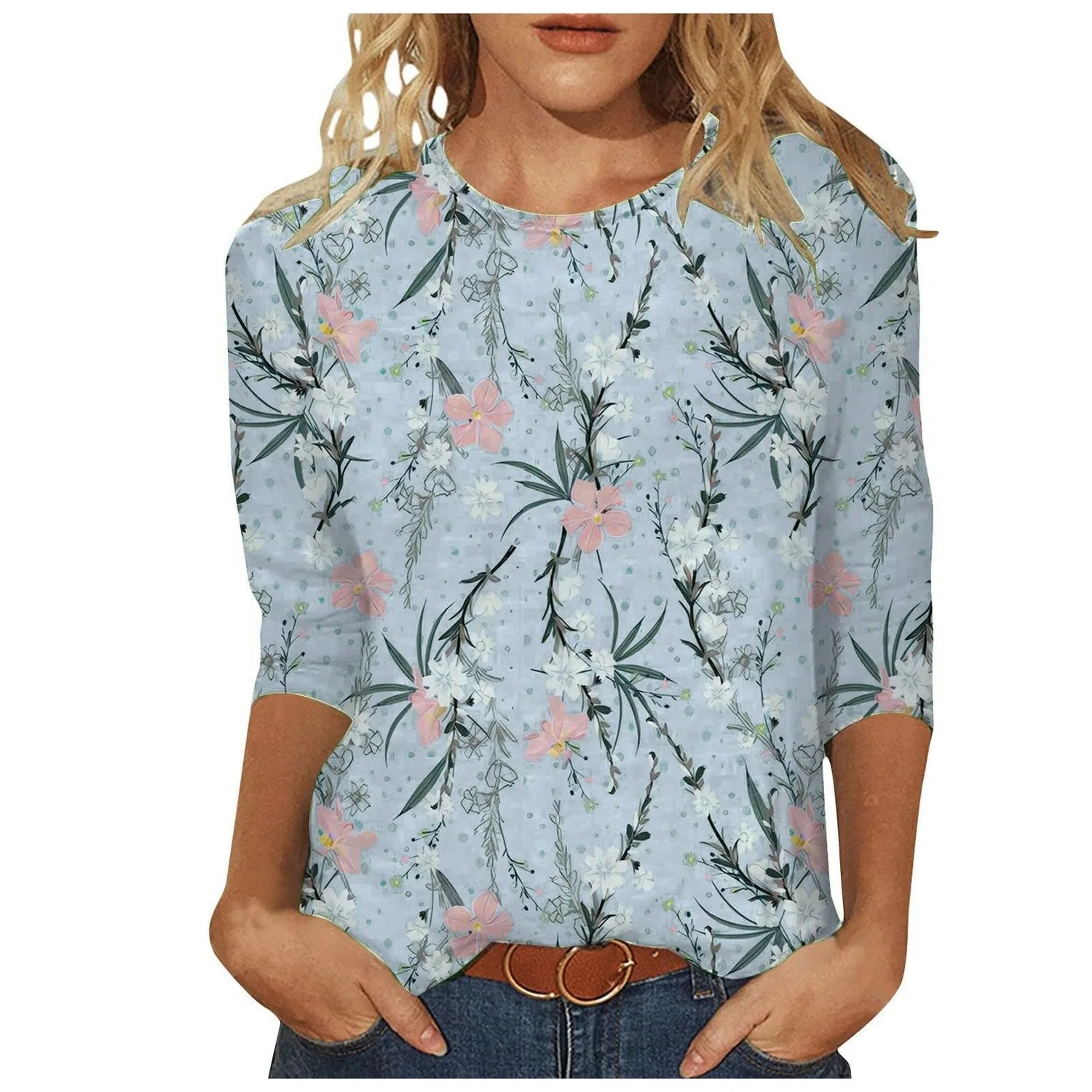 Женская футболка с принтом Plus Size T-Shirts 3/4 Sleeves, Blue Sky #1