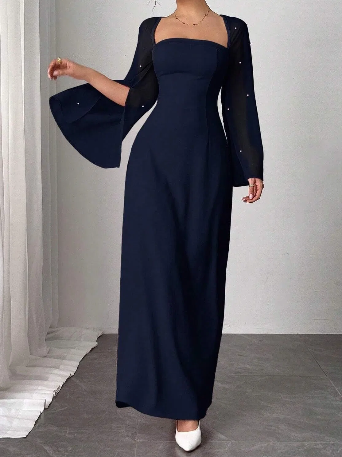 Женское A-силуэта макси платье с длинным рукавом, Navy Blue — фото 4