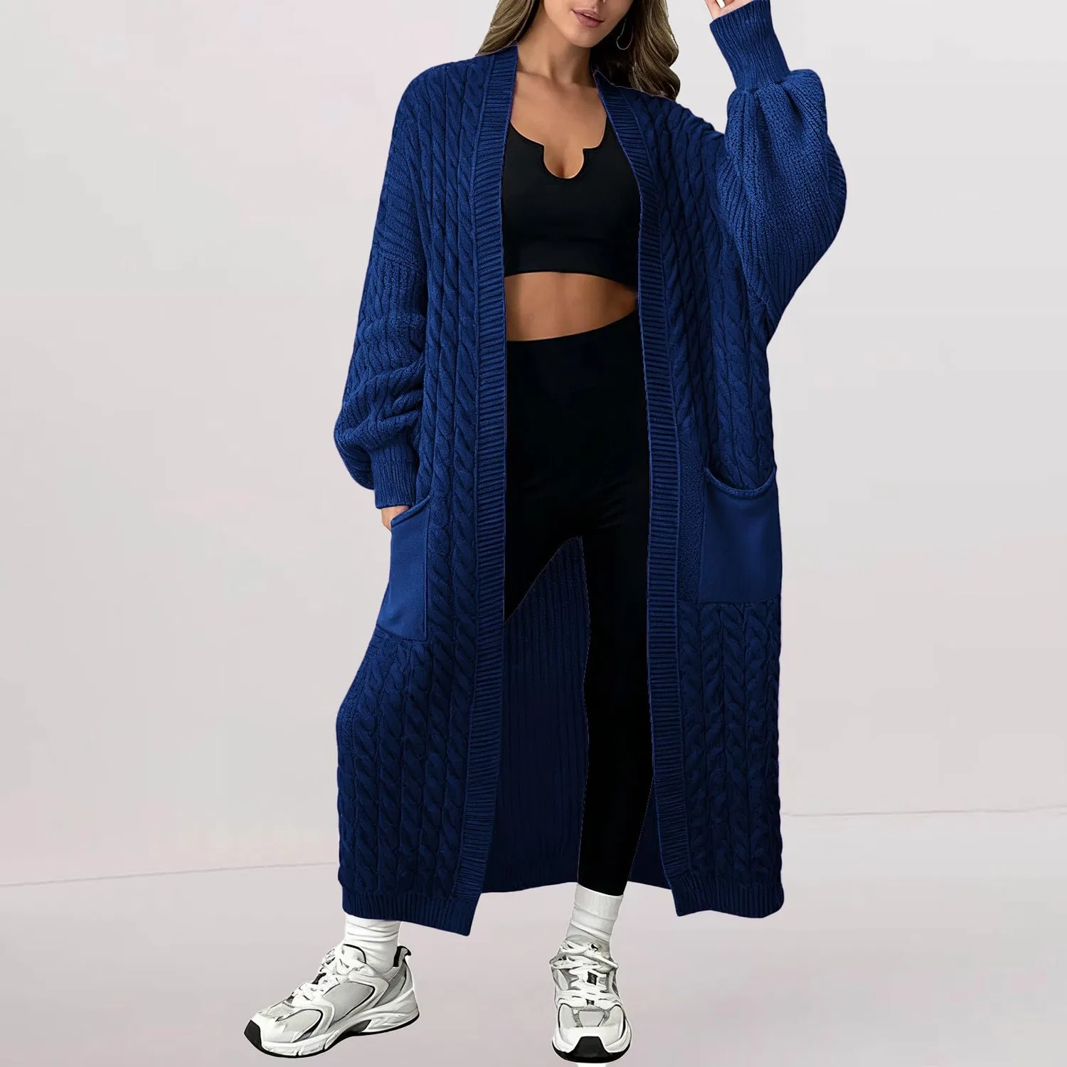Женский удлиненный кардиган крупной вязки с карманами Plian Elegant Open Front Coat, Blu — фото 2